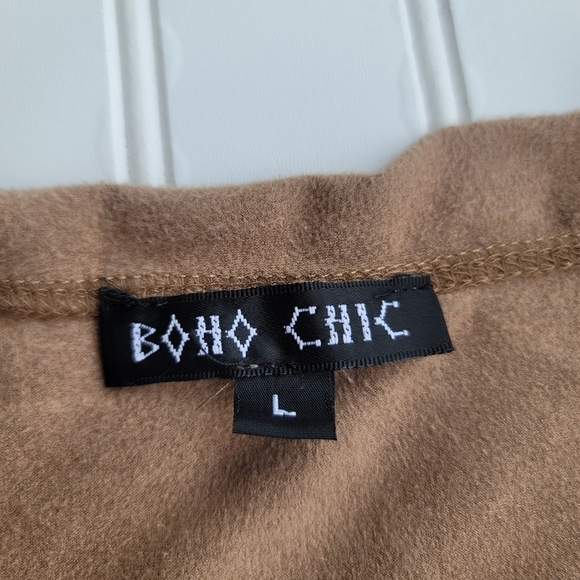 Boho Chik Women Faux Suede Stretch Slimming Tan Beige 3/4 Sleeve Top Sz L - Picture 2 of 9